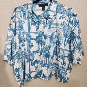 Forever 21 Top Womens Blue & White Architectural Tropical Button Blouse 1X